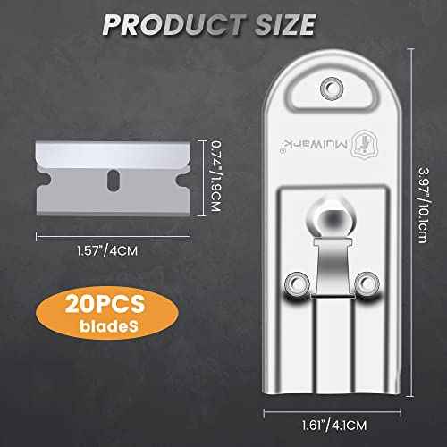 MulWark Razor Blade Scraper Tool Set, 2-Piece with 20 Replacement Blades - Window Cleaner, Glass Cooktop Tool, Paint Remover, Car Decal, Sticker, and Glue Remover (Silver)