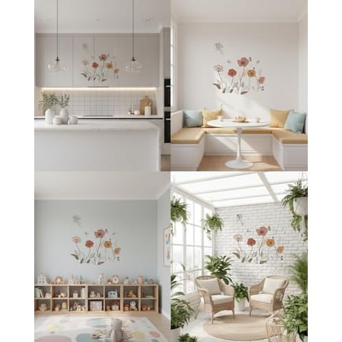 Boho Wall Stickers, Flower Wall Decals, Boho Decor Art for Bedroonm Living Room Nursery Stickers & Murals, Wildflower Floral Themed Decals Peel and Stick