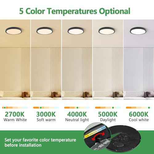 20 Inch Dimmable LED Flush Mount Ceiling Light, 40W,4350LM, 2700K/3000K/4000K/5000K/6000K CCT Selectable ,Round Flat Panel Light Low Profile Ceiling Light Fitures for Hallway/Kitchen/Bedroom, Black