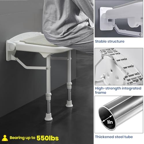Wall Mounted Shower Seats w/PU Cushion (FSÄ/HSÄ Eligible) Support 550lbs, Adjustable Height Folding Shower Chair Wall Mounted for Elderly-Adults-Pregnants-Seniors-Disabled