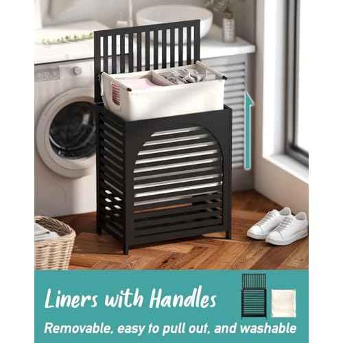Black Laundry Hamper, Laundry Hamper with Lid, 27.3 Gallon (103L) Bamboo Wood Clothes Laundry Basket with Lid and Handles, Removable Liner