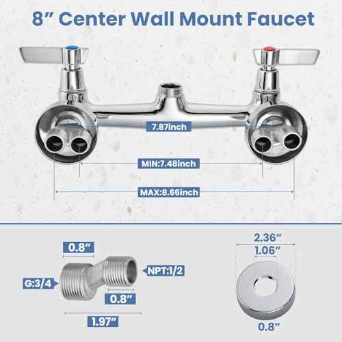 Airuida Chrome Polish Wall Mount Kitchen Sink Faucet 8 Inch Center Unility Faucet Wall Mounted Double Lever Handles Commercial Faucet with 360 Degree Rotation Sprayer Brass Valve Body Mixer Tap