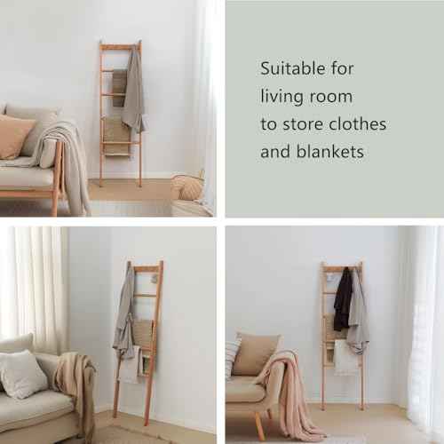 Beech Wood Blanket Ladder, 5.3ft Natural Farmhouse Quilt Holder with Top Hooks, 4-Bar Decorative Throw Rack, Towel Shelf for Living Room, Bedroom, Small Space Storage (Natural)