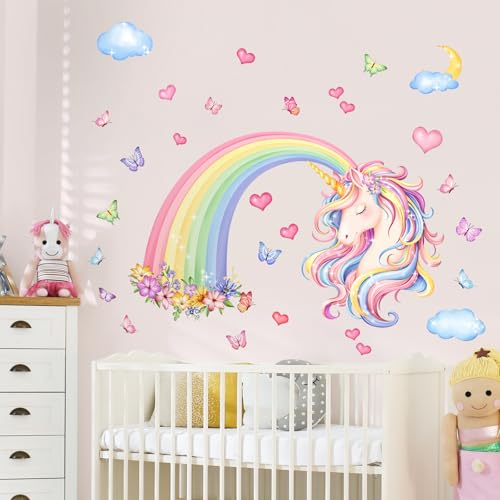 Rainbow Unicorn Wall Decals Rainbow Flowers Butterflies Clouds Hearts Unicorn Wall Stickers Baby Nursery Girls Bedroom Daycare Wall Decor