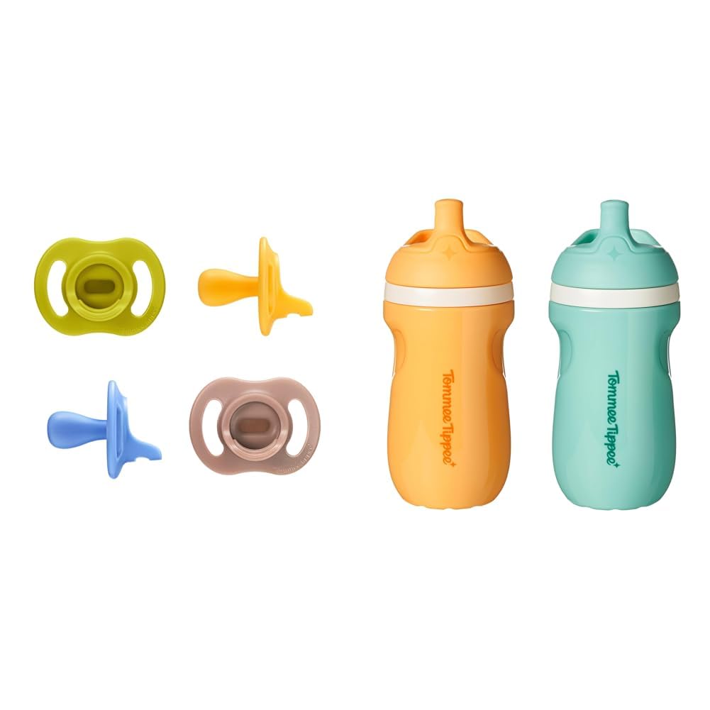 Tommee Tippee Ultra-Light StayPut Pacifier 6-18 Months, One-Piece Silicone Design & Tommee Tippee Insulated 9oz Toddler Water Bottle, No Spill, Sippy Cups for Toddlers 1-3 Years, BPA Free, Pack of 2