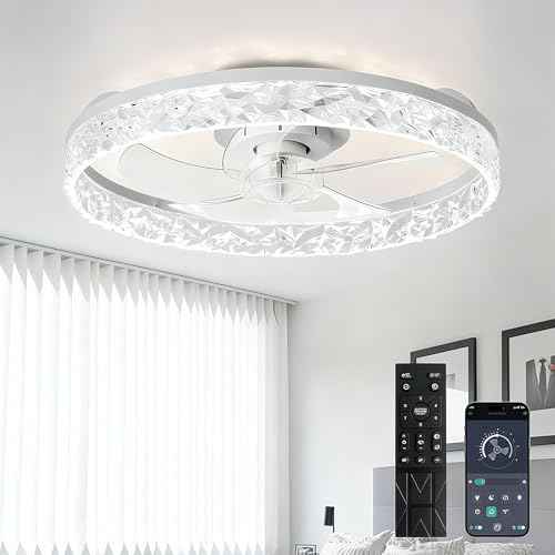 Depuley Ceiling Fans with Lights and Remote: 20" Modern Low Profile Flush Mount Ceiling Fan with App Remote Control - White Fandelier for Bedroom Living Room Kitchen Dimmable Quiet DC Motor