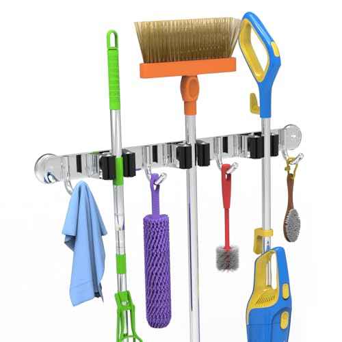 3-H Magnetic Broom Holder Wall Mount 1 Pack, 2-in-1 Dual Mount (No Drill or Screw Fix), 304 Stainless Steel Heavy Duty Magnet Mop Broom Organizer for Kitchen Garden Garage(3 Racks & 4 Hooks,Silver)