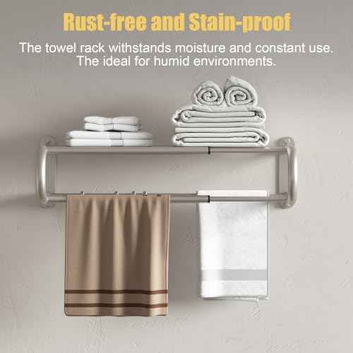 BESy Adjustable 15-25 Inch Towel Rack with Shelf for Bathroom and Lavatory Towel Shelf Double Towel Bar Rod 4 Hooks Wall Mount Multifunction Towel Holder Hotel Style Stainless Steel Brushed Nickel