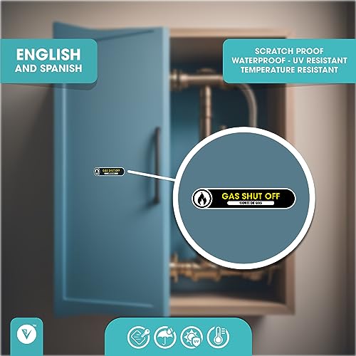 Bilingual Gas Shut Off Small 2 Stickers Pack | Emergency Gas Shut Off Small English and Spanish Signs | 5in x 1in Permanent Matte Vinyl | Waterproof Stickers