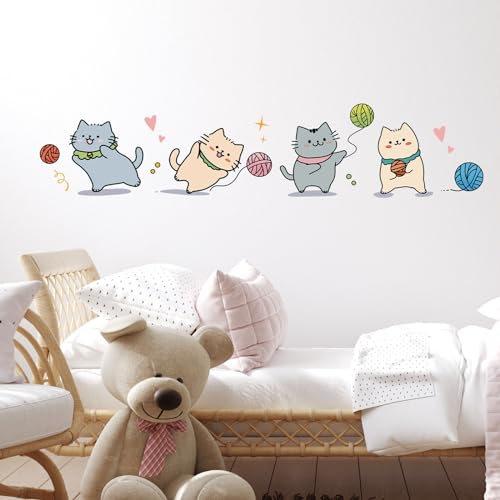 Cartoon Cute Cat Wall Stickers for Nursery Kitten Playing with Yarn Ball Wall Stickers for Kid Girl Baby Room Stickers Peel and Stick Wall Art Home Decor Living Room Bedroom Bathroom