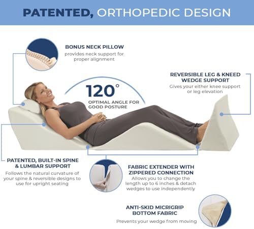 Contour BackMax Bed Wedge Lumbar Support System - Multi-Positional Back, Leg & Knee Elevation Pillows for Sleep & Recovery with Orthopedic Zero Gravity Weightless Comfort - Bonus Half Roll Neck Pillow