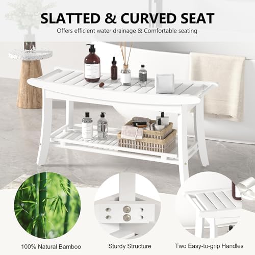 Bamboo Shower Bench Chair Bathroom Shower Stool Seat for Inside Shower Bathtub with Storage Shelf Shower Foot Rest for Shaving Legs 39 x 13 x 19.2 Inches White