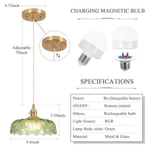 Battery Operated Pendant Light,Vintage Light Fixtures RGB Light Bulb 2500mAh 9.4in Green Modern Chandelier with Remote Control Wireless Adjustable Rechargeable Chandelier for Kitchen Island 1Light