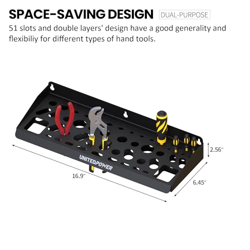 UNITEDPOWER Wall Mount Tool Storage Rack, Screwdriver Holder, Pliers Organizer, Wrench Utility Shelf, 51 Holes for Variety of Small Hand Tools, Workshop, Shed, Garage, Home