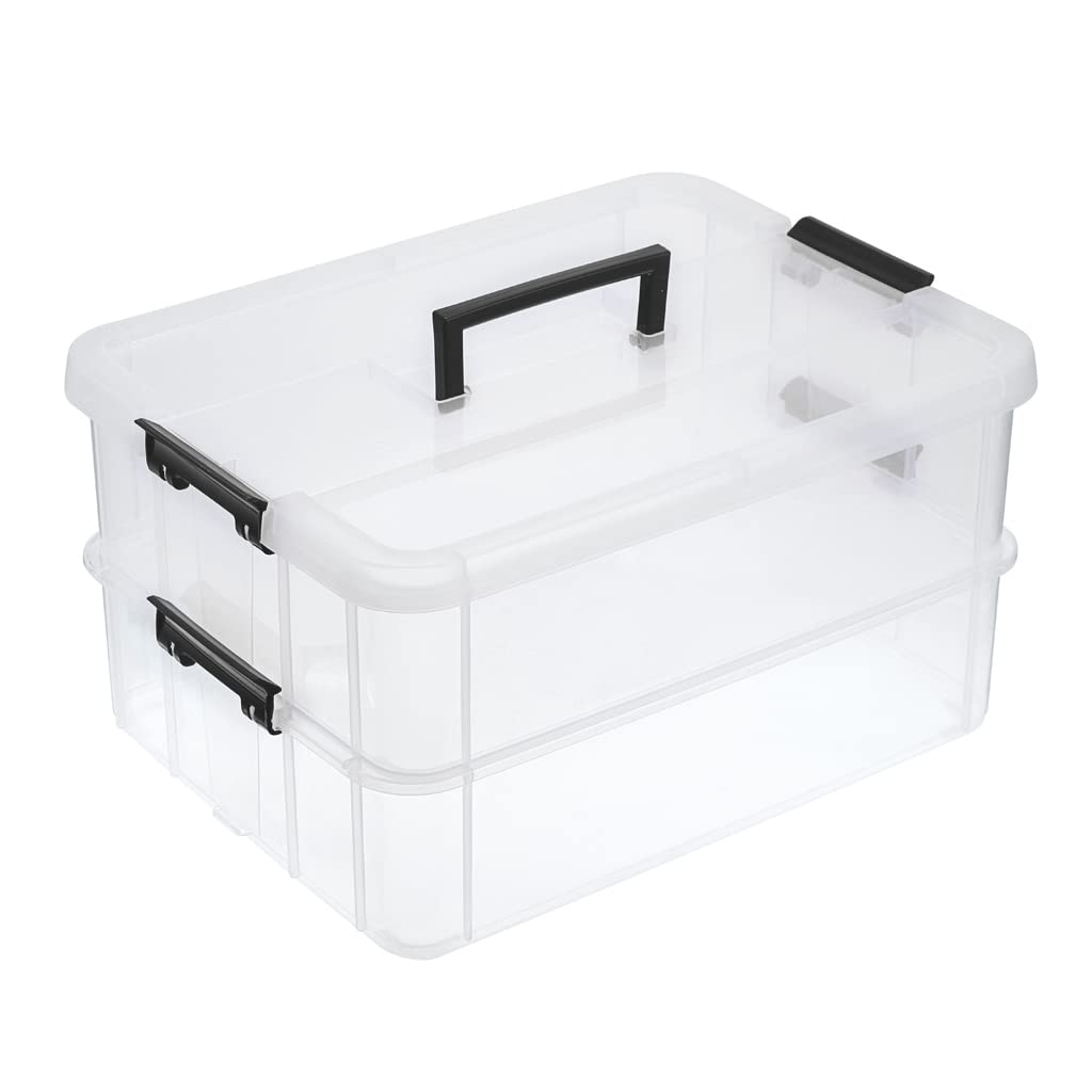 BTSKY 2 Layer Stack & Carry Box, Plastic Multipurpose Portable Storage Container Box Handled Organizer Storage Box for Organizing Stationery, Sewing, Art Craft, Jewelry and Beauty Supplies Black