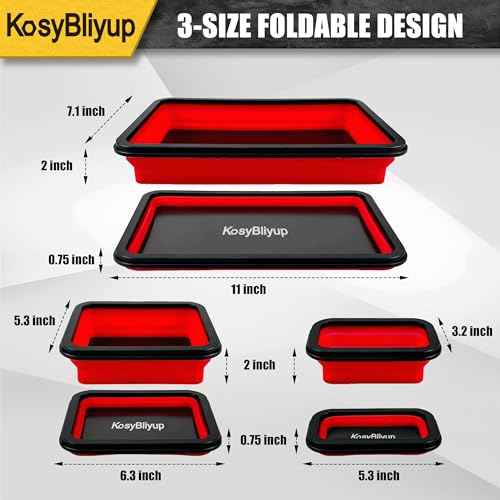Collapsible Magnetic Parts Tray Set, 3 Different Size Silicone Magnetic Tool Tray for Screw, Bolts, Nuts, Washers, Pins and Other Small Metal Parts, Red