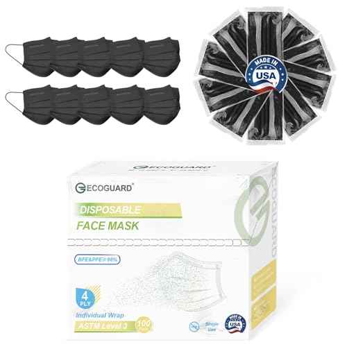 Disposable Face Masks Made in USA, 4 Ply for Families, Students, Breathable All-Day Wear & Safety, FSA HSA Eligible, ASTM Level 3 Medical Grade, 100 Pack Individual Wrap, Black