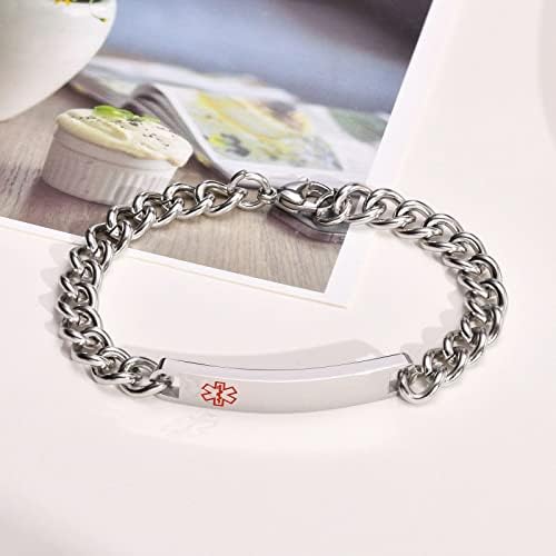 VNOX Medical Alert ID Bracelet - Mens Womens Stainless Steel ID Tag Medical Alert Emergency Bracelet,7.2/8/8.4 Inches