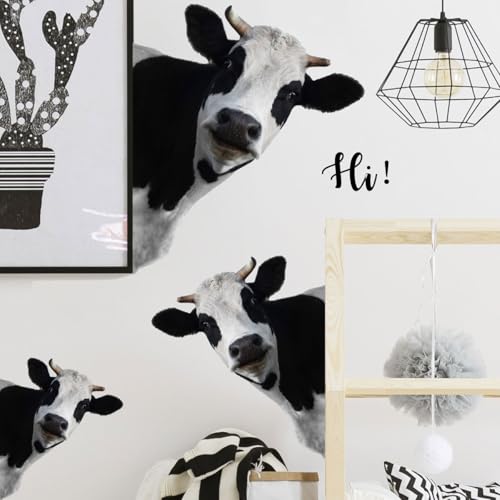 3D Funny Cow Wall Stickers & Murals Removable Cow Head Wall Decals Peel and Stick Vinyl Farm Animal Classroom Window Decor for Kitchen Kids Room Playroom Car Door Home Wallpaper