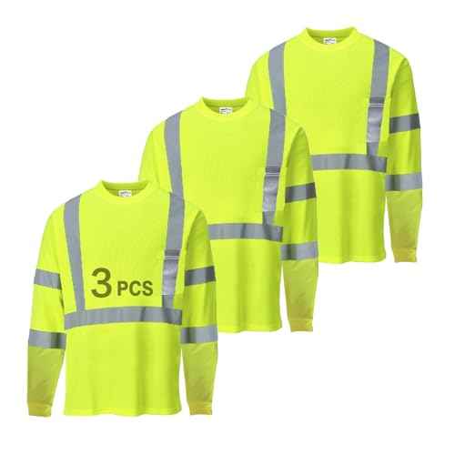 Hi Vis Safety Shirts for Men Reflective,High Visibility Work T-Shirt Short Long Sleeve with Pocket, 3 and 5 Pack