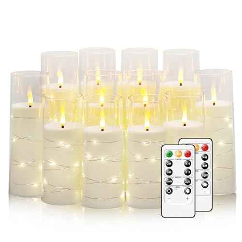 Flameless Candles with Embedded Star String, 12 Pcs Battery Operated LED Pillar Candles with Remote and Timer, Suitable for Home Decor, Party, Christmas & Wedding (White)