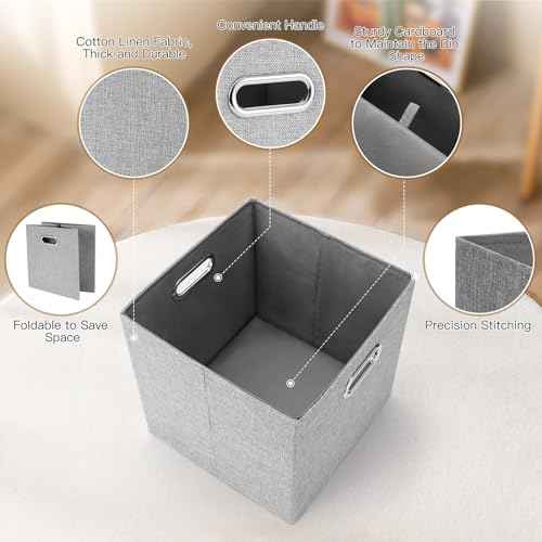 Cube Storage Bins,11 Inch Collapsible Storage Box Linen Fabric Bins with Double Handles, Storage Basket for Home, Closet, Shelves, Clothes Toy, Nursery, Decorative, 11x11, Grey, Set of 4