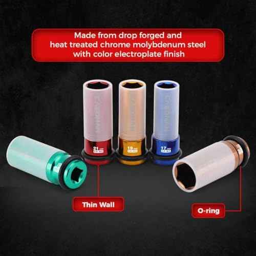 CASOMAN 7PCS 1/2" Drive Deep Lug Nut Impact Socket Set, Non-marring & Thin Wall Wheel Protector, Color-Coded, 85mm Length, 6 Point, Metric, CR-MO