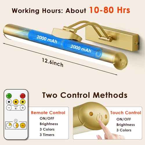 Picture Light for Wall with Remote, Wireless Battery Operated Wall Lights with 3 Colors Dimmable & Timer, 12.6" Rechargeable Metal Wall Sconce for Living Room, Artwork Gallery Display, Gold-2Pack