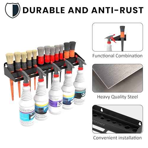 UNITEDPOWER Brush and Trigger Bottle Holder, Wall Mount Storage Rack Organizer for Auto Repair Shops Car Washes And Home Garages, Stores up to 12 Detailing Brushes & Hanging Rail for Bottles