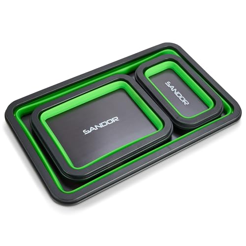 Collapsible Magnetic Parts Tray Set - 3 Different Size Tool Trays for Screw, Bolts, Nuts, Washers, Pins and Other Small Metal Parts, Mechanic Tool Gifts for Men - Green