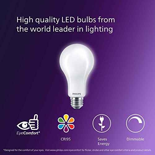 PHILIPS LED 100-60-40W A21 4-Pack 3-Way Soft White (2700K) 1600-800-450 Lumen (14-8-5W = 100-60-40W) Frosted Flicker-Free Light Bulbs