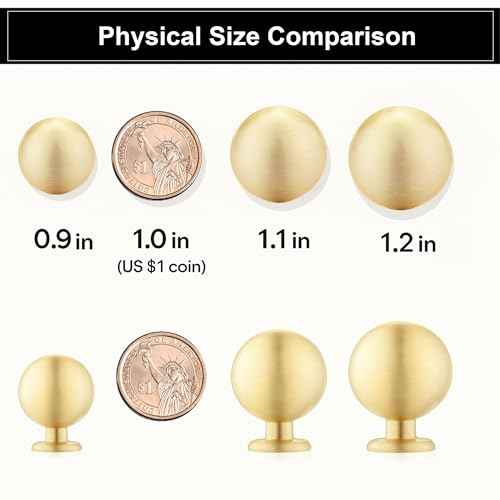 QOGRISUN 15-Pack Solid Brass Cabinet Knobs, Round Ball Gold Knobs for Dresser Drawer, 1.1-Inch Diameter, Sphere Cabinet Pulls, Brushed Brass Finish