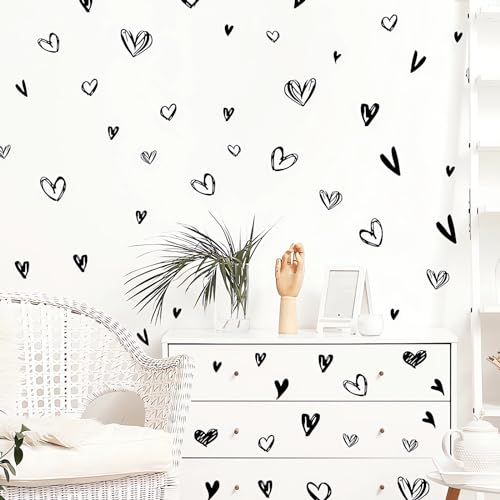 62 Pcs Black Love Heart Graphics Wall Stickers, sacinora Valentine Romantic Love Wall Decals Removable Vinyl Peel and Stick for Valentine's Day Anniversary Living Room Bedroom Art Home Decorations