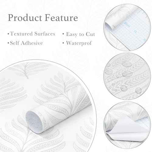 GloryTik Peel and Stick Wallpaper Boho White/Grey Floral Contact Paper Modern Removable Self Adhesive Wall Paper Leaf Waterproof Wallpaper for Cabinets Bedroom Vinyl Rolls (17.3" x 78.7")