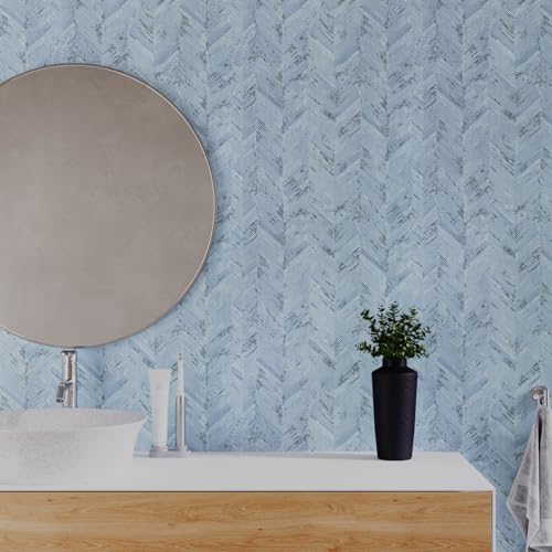 VaryPaper Light Blue Grasscloth Peel and Stick Wallpaper Herringbone Fabric Wallpaper Waterproof Self Adhesive Grass Cloth Contact Paper Removable Vinyl Wall Paper for Bedroom Cabinets 15.7''x78.7''