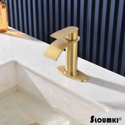 Brushed Gold Waterfall Bathroom Faucet Single Hole, Gold Bathroom Faucet for Sink 1 Hole with 6 in Deck Plate and Pop Up Drain and Supply Hose, Modern Bathroom Sink Faucet