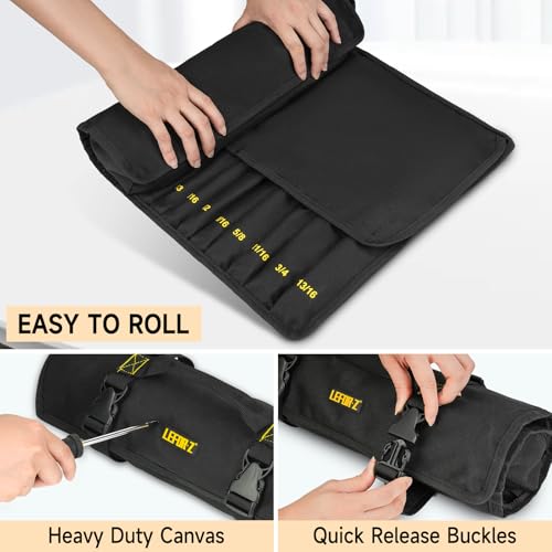 Wrench Roll Organizer,Wrench Roll Up Pouch with 23+1 Pockets,Heavy Duty Tool Roll for Metric & SAE Wrenches,Large Wrench Holder Organizer Bag for Men,Mechanics(Black)