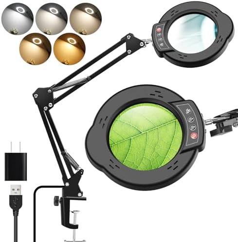 10X Magnifying Glass with Light and Clampï¼Real Glass Lens 5 Color Modes Dimmable LED Lighted Magnifier with Swing Arm Hands Free Magnifying Desk Lamp for Crafts Sewing Painting Reading Close Work