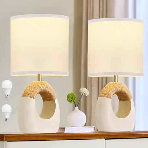 Table Lamp for Bedroom Set of 2 - Bedside Table Lamps with 3 Color Temperatures - Boho Rattan Lamps for NightStands Small White Farmhouse Living Room Lamps for Reading Sleeping Bulbs Included