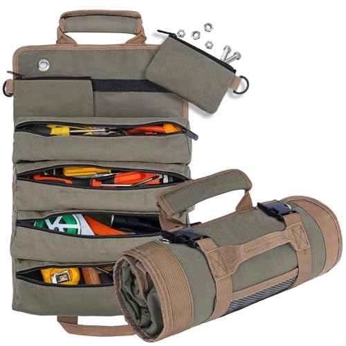Roll Up Tool Bag Organizer, Portable Tool Roll Organizer Bag, Waterproof Oxford Cloth Tool Pouch with Handle and 6 Pockets, Perfect for Home, Electrician (Green)