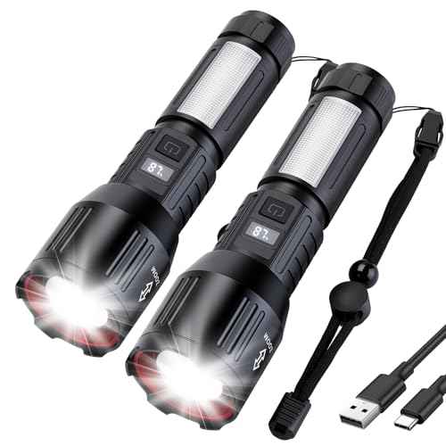 Flashlight High Lumens Rechargeable 2 Packs, 1,500,000L Handheld Tactical LED Flashlights Battery Powered, Zoomable Super Bright Flash Light with 6 Modes, Cob Side Light, Waterproof for Emergency