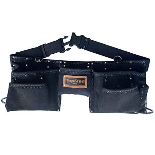 TOPMED ETS Premium Versatile Tool Bag, Heavy Duty Leather Bag with Multiple Pockets for Electricians, Barbers, Plumber Construction & Factory Workers. Reinforced Seam, Professional Grade