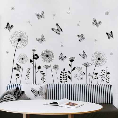 Joyartu Black Dandelion Wall Decals with 3D Black Butterflies ? Wall Stickers Peel and Stick Floral Butterflies Flying Decor for Bedroom Living Room Office Sofa Wall Decorz(2 Sheets)
