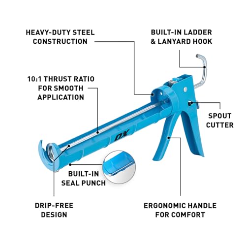 OX 10 oz Half Barrel Drip Free Caulk Gun ? 10:1 Thrust Ratio Silicone Gun with Seal Punch and Spout Cutter ? OX-T046205