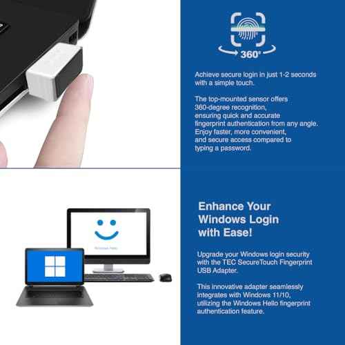 TEC SecureTouch TE-FPA4-MC USB Fingerprint Reader for Windows Hello ? Match-On-Chip (MOC) Encryption, 360¡Æ Sensor, FIDO2 Security Key, 0.23s Fast Login, Password-Free PC Sign-in