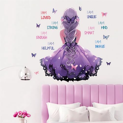 Purple Ponytail Girl Inspirational Wall Stickers, sacinora Motivational Lettering Quotes DIY Butterfly Wall Decals Removable Vinyl Peel and Stick for Kids Baby Nursery Bedroom Playroom Art Decoration