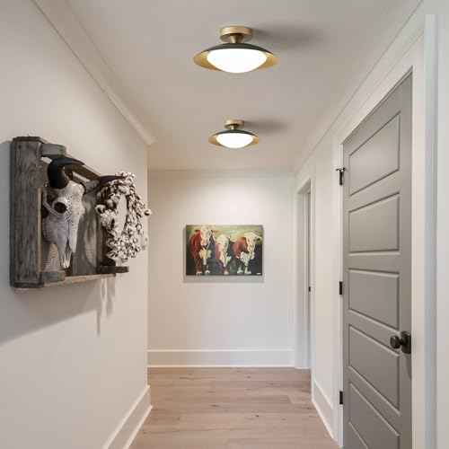 Small Dimmable Mid Century Modern Ceiling Light,5CCT LED Black Gold Semi Flush Mount Ceiling Lamp,for Hallway Entryway Bedroom Laundry Room Kitchen Light Fixture 2700K-6000K,11.81 in