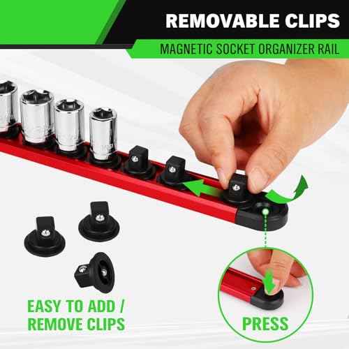 3/8-Inch Magnetic Socket Organizer Rail, Aluminum Alloy Socket Rail, Heavy Duty Sockets Holder with 14 Clips, 360¡Æ Swivel Clip Tool Tray, Sockets Organizer for Tool Box Drawer (Red)