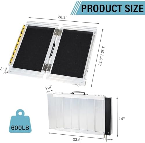 MOTORHOT 2ft Portable Wheelchair Ramp Non-Slip Aluminum Folding Handicap Home Steps Scooter Door Threshold Ramp for 2 inch -6 inch Step Heights 600 lbs Capacity 28in Wide,Black