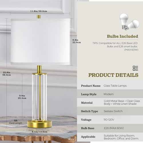 Modern Table Lamps for Bedrooms Set of 2, 22.8" Gold Glass End Table Lamps for Living Room with 3-Color Temperature, White Shade Bedside Nightstand Lamps, None-fillable